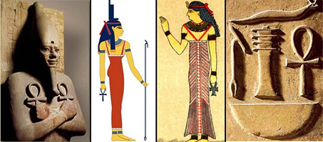 Obrazy bohů starého Egypta se symbolem Anch