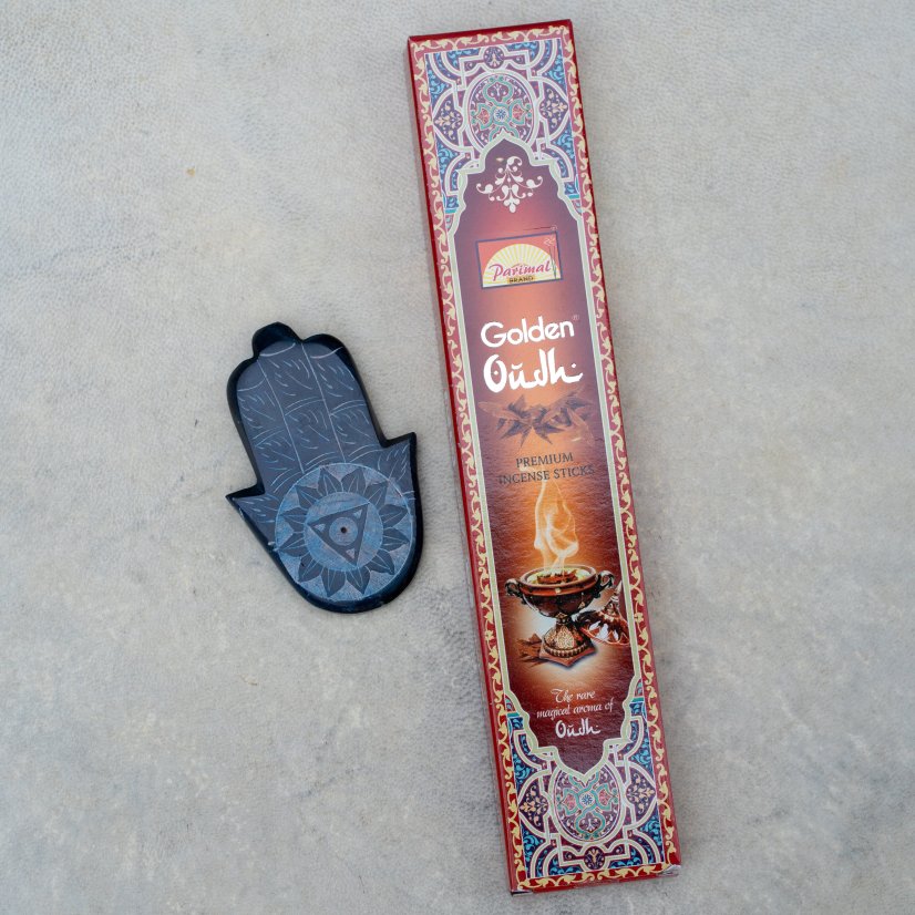 Set: Stojánek Ruka Fatimy + vonné tyčinky Parimal Golden Oudh