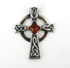 Přívěsek Keltský kříž s jantarem - stříbro