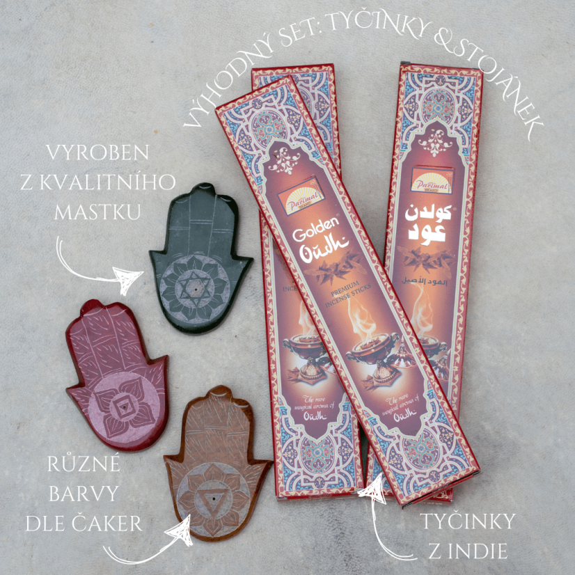 Set: Stojánek Ruka Fatimy + vonné tyčinky Parimal Golden Oudh