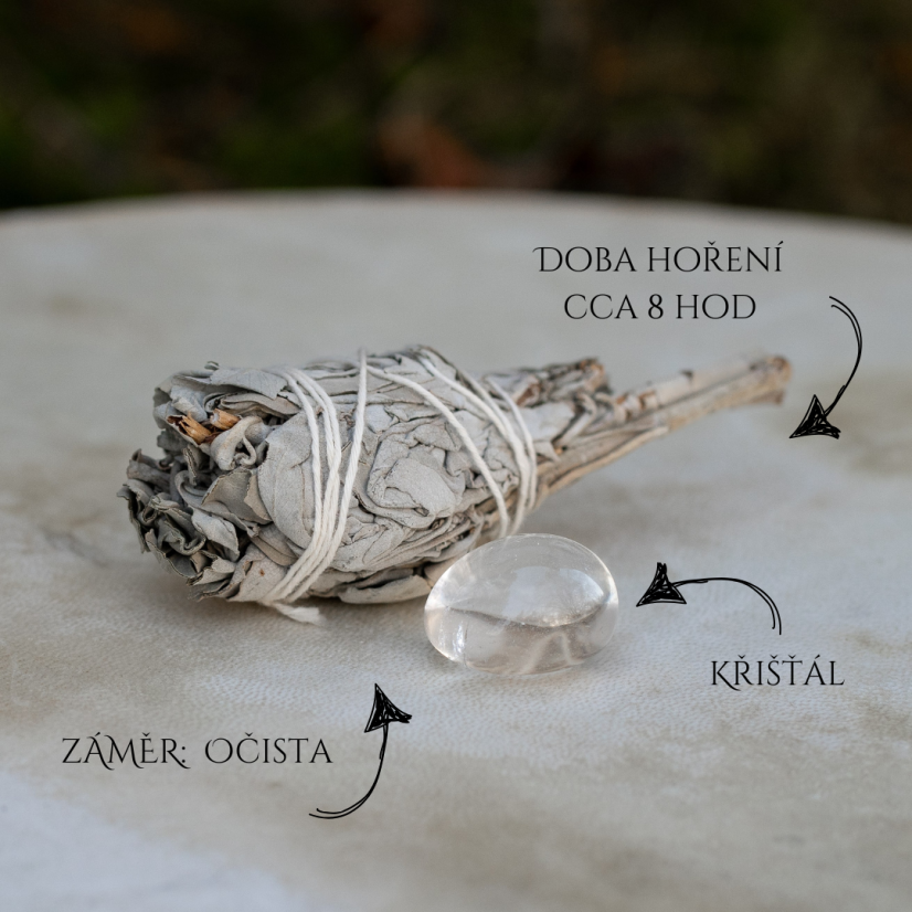 Šalvěj bílá vykuřovací svazek & křišťál – set Očista